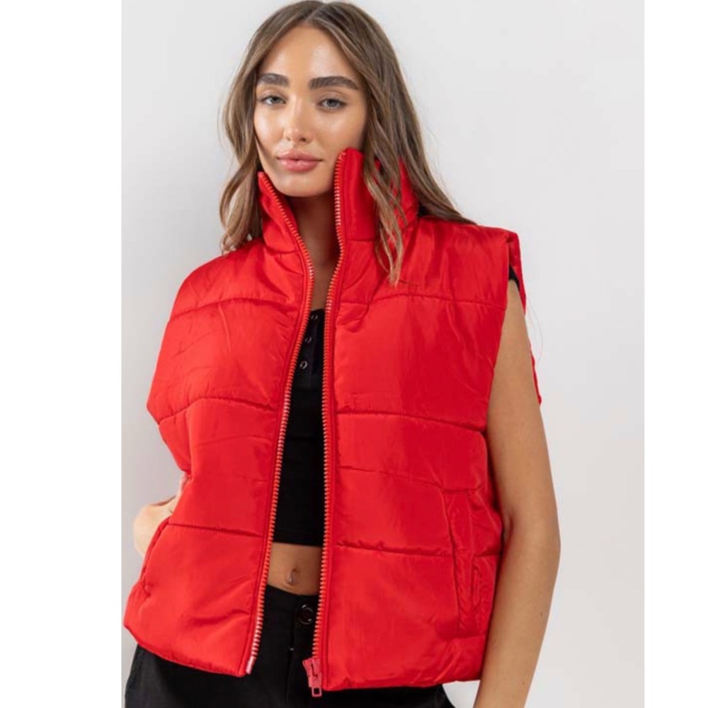 Vibrant Red Zip Up Puffer Vest With Pockets Oversized